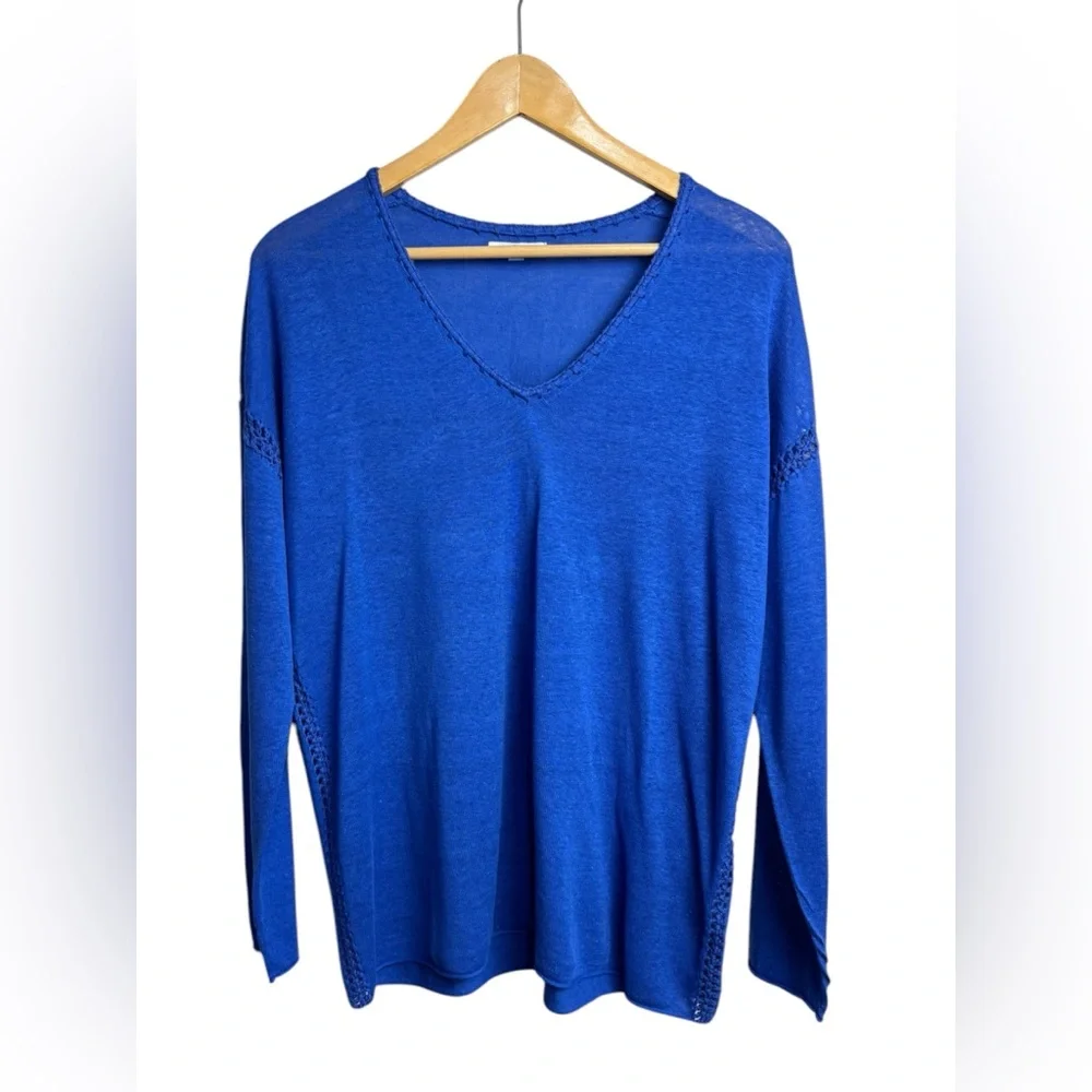 Johnny Was THE LIGHTWEIGHT CLASSIC WHIPSTITCH PULLOVER Silk/ Linen Electric Blue - Picture 5 of 13